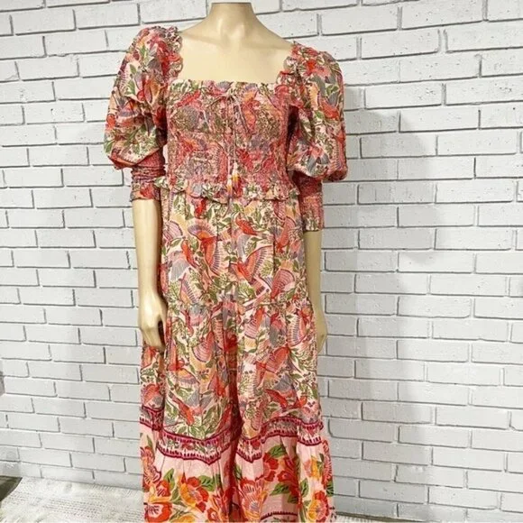 Farm Rio Women's Pink Macaw Flight Smocked Top Maxi Dress - Size Medium
